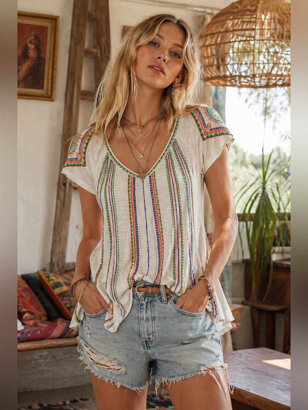 Free People Boho festival beaded V-Neck Women's Top - Size small
